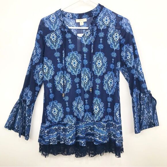 Style & Co. Navy Blue Medallion Print Peasant Boho Blouse - Picture 1 of 15